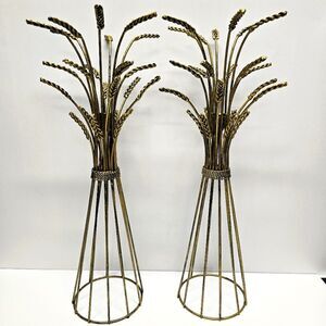 Vintage MCM Candlestick Holder Hollywood Regency Rustic Wheat Sheath Pair 18"